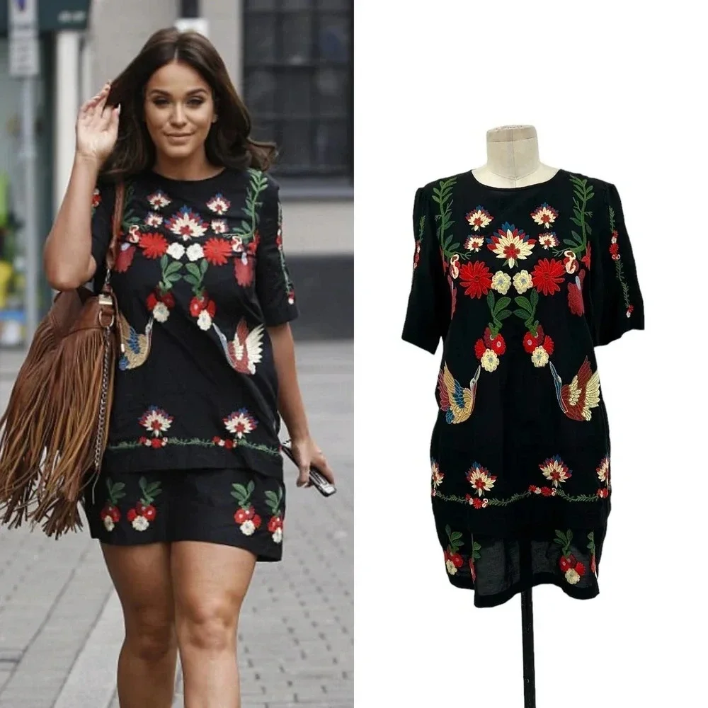 Zara Embroidered Floral Crane Bird Short Black Dress Size XS